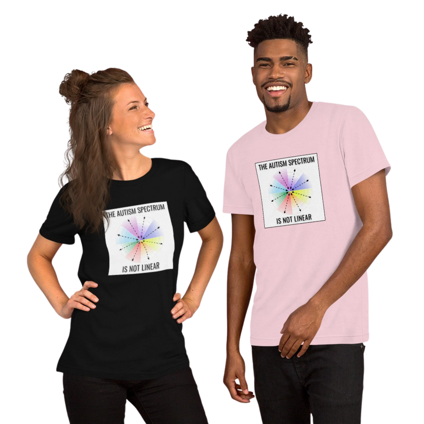 A woman in a black and a man in a light pink pre-shrunk “The Autism Spectrum Is Not Linear” T-shirt by NeuroNiche Design smile and pose, featuring the slogan above a colorful circular spectrum graphic.