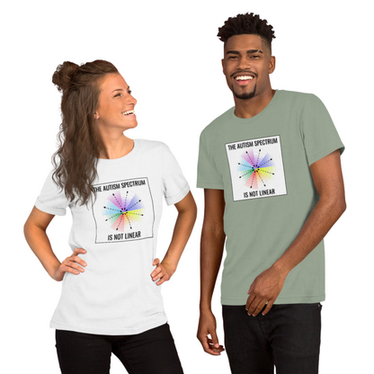 Two people smile wearing NeuroNiche Design’s “The Autism Spectrum Is Not Linear” t-shirts, featuring a vibrant spectrum wheel and the phrase displayed above and below the graphic.