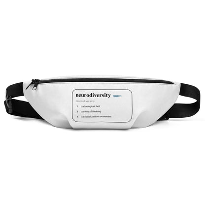 The Defining Neurodiversity waist bag by NeuroNiche Design is white with adjustable straps and displays a printed definition of neurodiversity as a biological fact, way of thinking, and social justice movement.