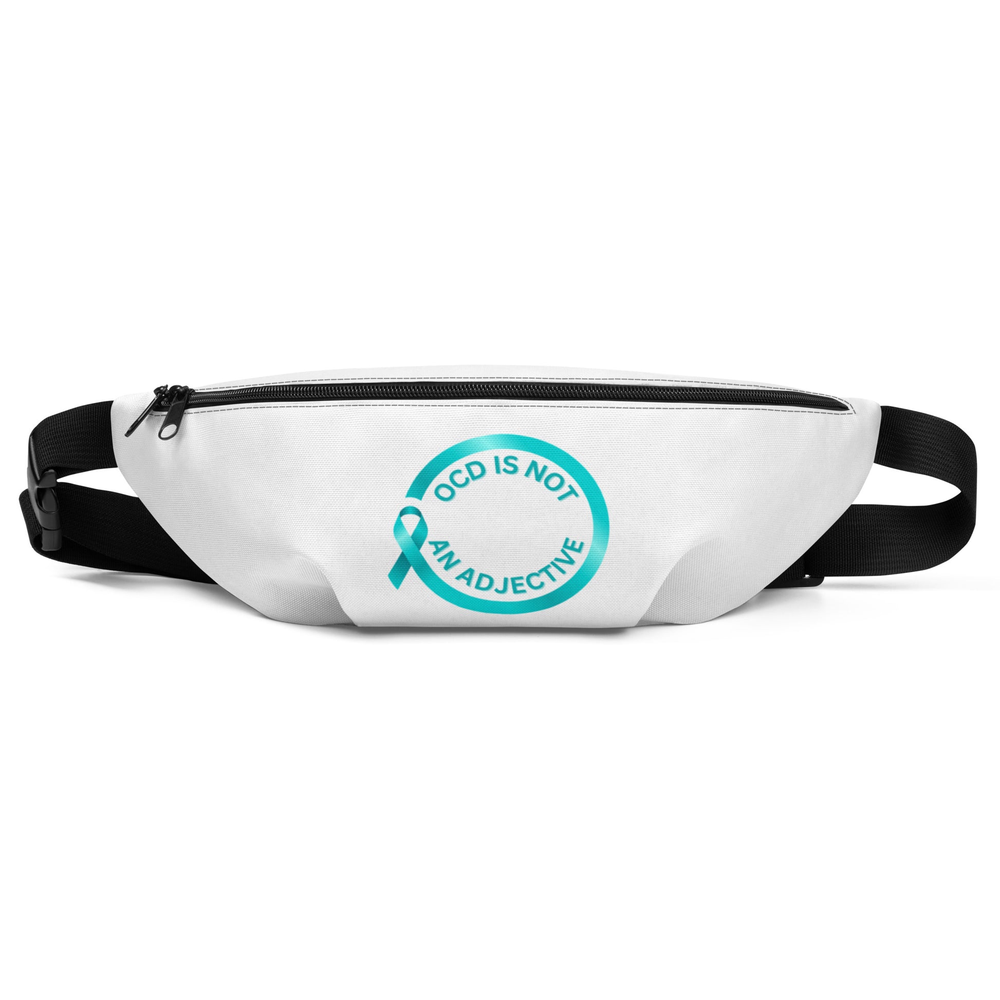 The OCD Is Not An Adjective waist bag by NeuroNiche Design is white with adjustable straps, featuring a teal awareness ribbon and “OCD IS NOT AN ADJECTIVE” in a circular front design.