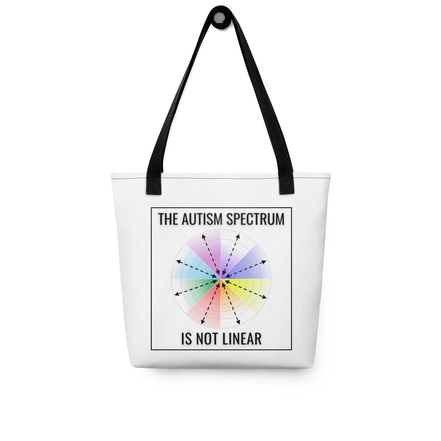 The Autism Spectrum Is Not Linear tote by NeuroNiche Design: a white polyester bag with black handles, featuring a vibrant circular spectrum graphic and the phrase "The autism spectrum is not linear." Printed on demand for thoughtful style.