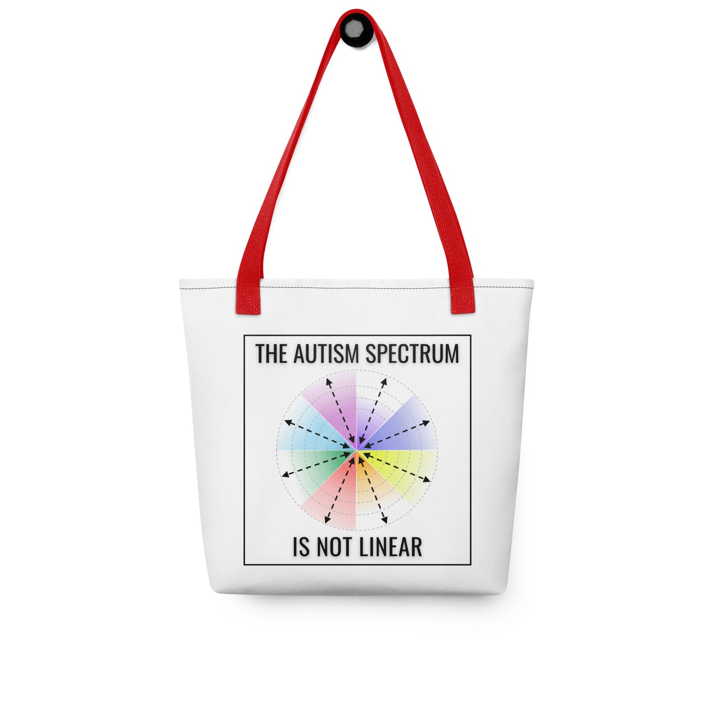 The Autism Spectrum Is Not Linear tote by NeuroNiche Design. White polyester with red handles, featuring a vibrant circular diagram labeled "THE AUTISM SPECTRUM IS NOT LINEAR." Made on demand for you.