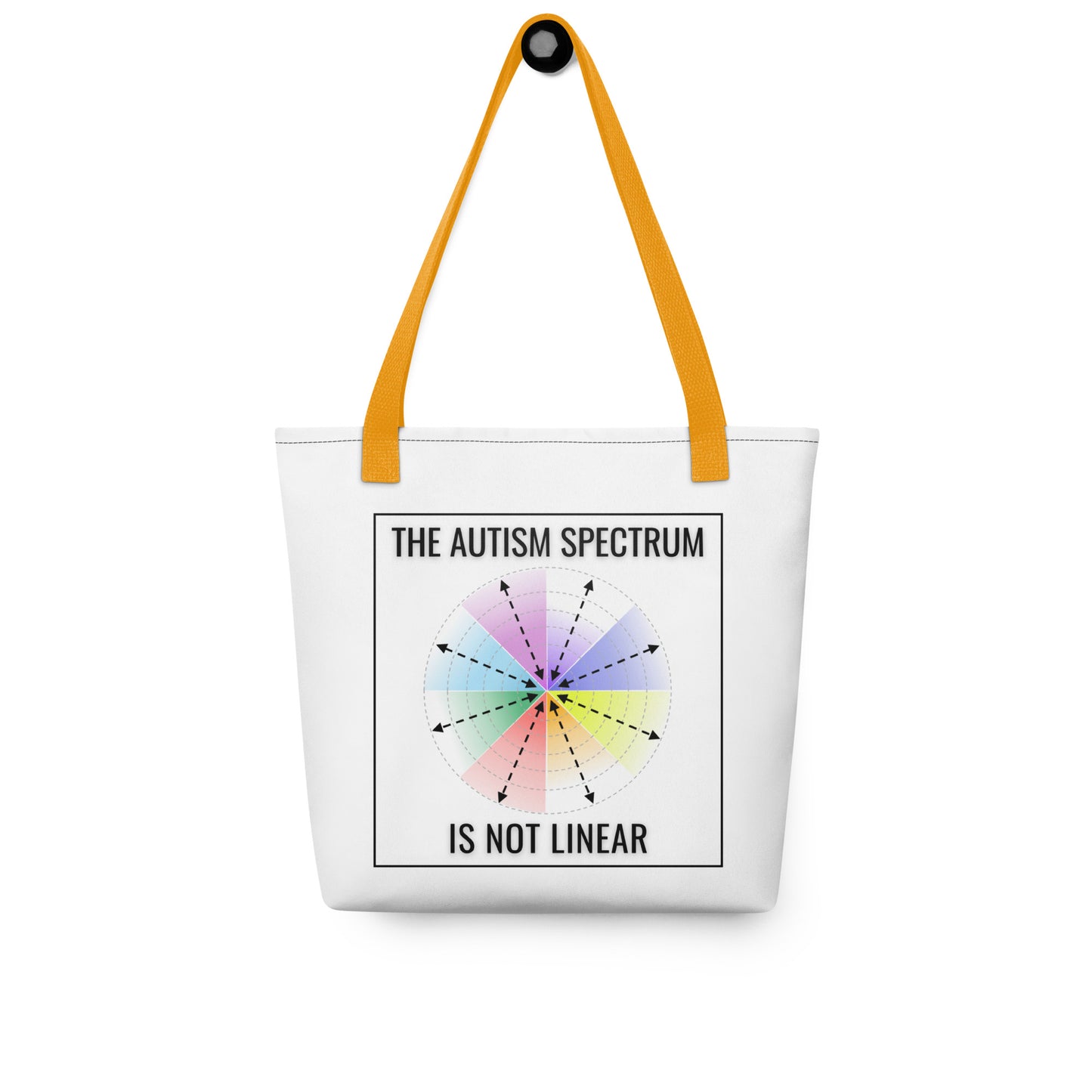 The Autism Spectrum Is Not Linear tote by NeuroNiche Design: white polyester with orange straps, featuring the phrase "THE AUTISM SPECTRUM IS NOT LINEAR" and a multicolored circular graphic with outward arrows. Printed on demand.