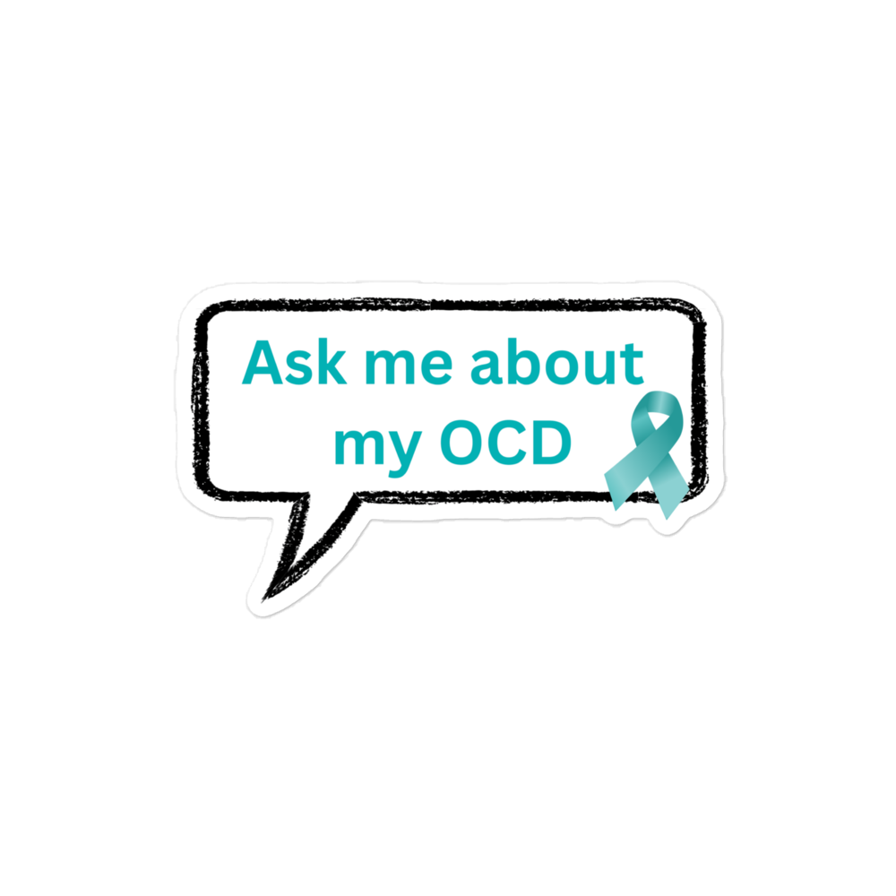 The "Ask Me About My OCD" sticker by NeuroNiche Design features teal text and a ribbon on white durable vinyl with a black outline, designed for a bubble-free application.