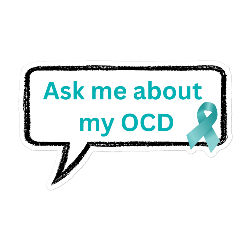 The "Ask Me About My OCD" vinyl sticker by NeuroNiche Design features a speech bubble and teal ribbon, combining durability and style to help you show support for OCD awareness.