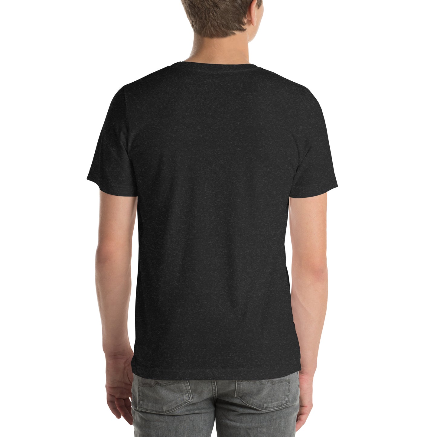 A person is shown from the back, wearing a NeuroNiche Design "OCD Is Not An Adjective" short-sleeve black t-shirt and gray jeans, standing against a white background.