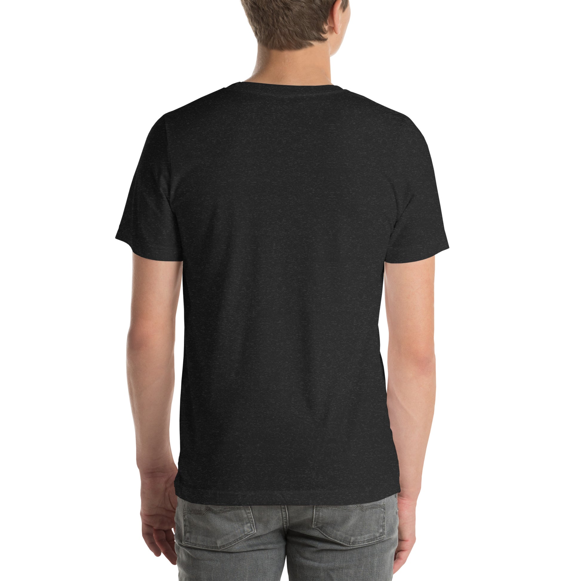 A person is shown from the back, wearing a NeuroNiche Design "OCD Is Not An Adjective" short-sleeve black t-shirt and gray jeans, standing against a white background.