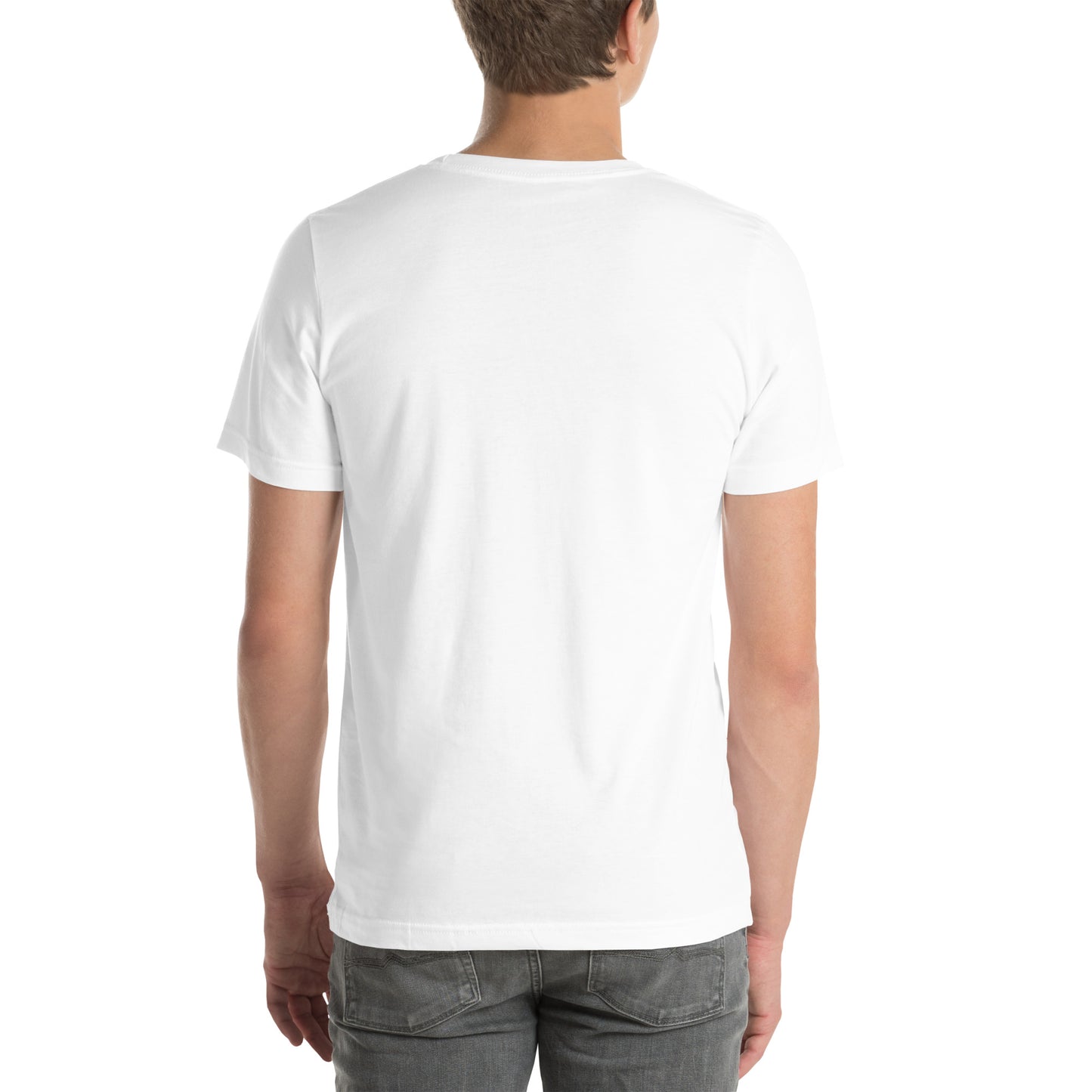 A person shown from the back against a plain white background wears a NeuroNiche Design "OCD Is Not An Adjective" white short-sleeve t-shirt and gray jeans.