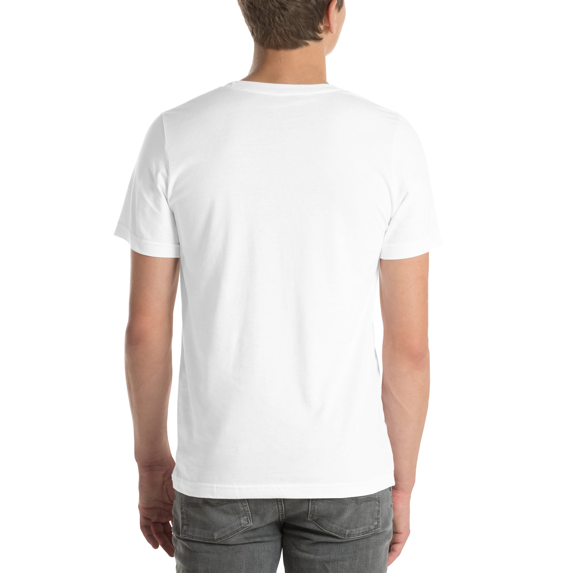 A person shown from the back against a plain white background wears a NeuroNiche Design "OCD Is Not An Adjective" white short-sleeve t-shirt and gray jeans.