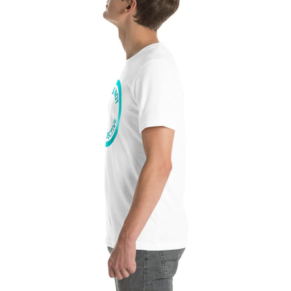 Someone stands in profile, facing left and looking up, wearing the "OCD Is Not An Adjective" white soft combed cotton t-shirt by NeuroNiche Design, featuring a turquoise circular logo. The background is plain white.